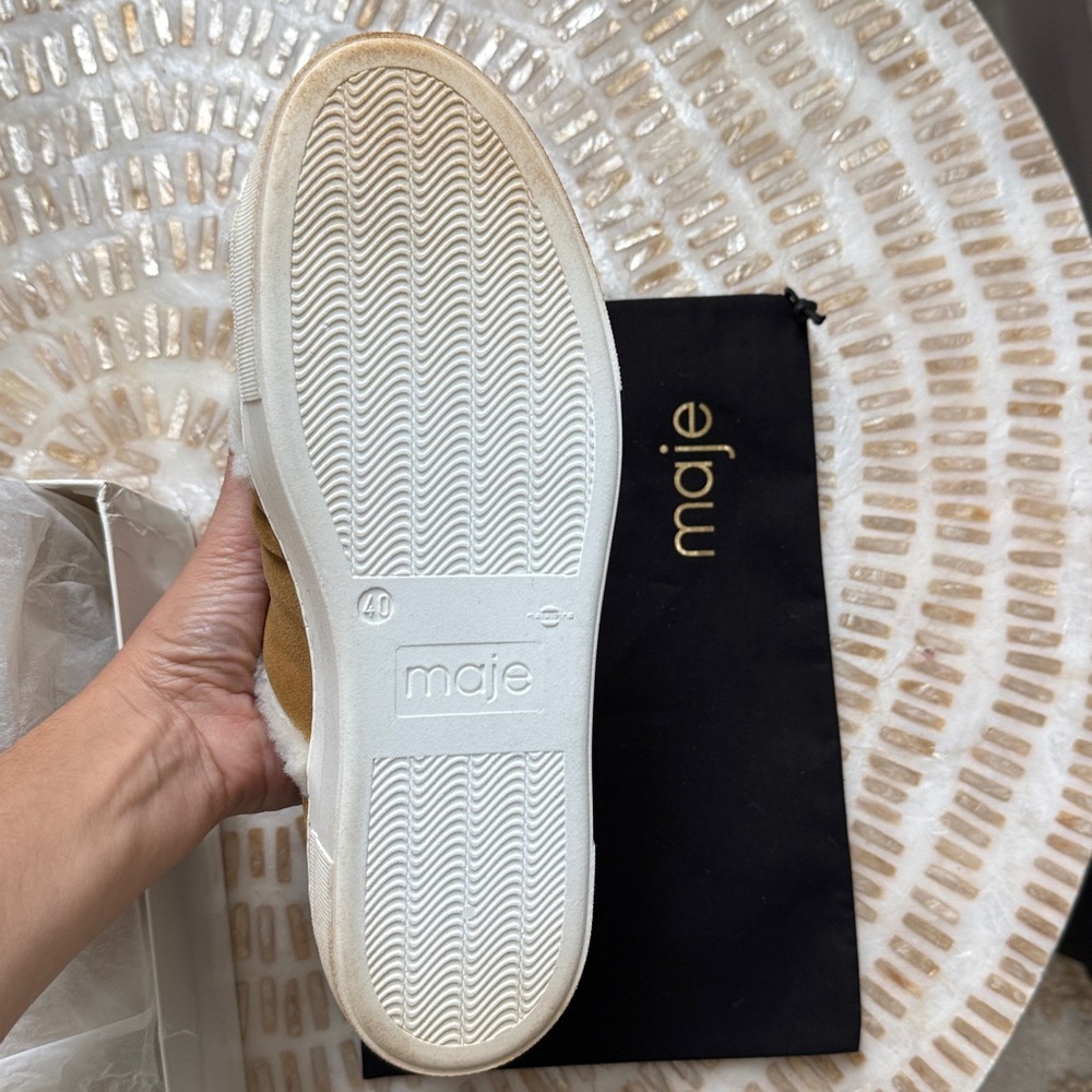 NWOT MAJE Tan and White Faux Fur Sneakers - Picture 6 of 8